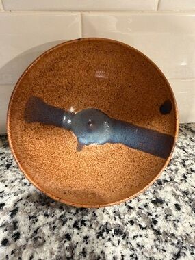Handcrafted signed studio pottery Bowl with Blue Glaze Accent